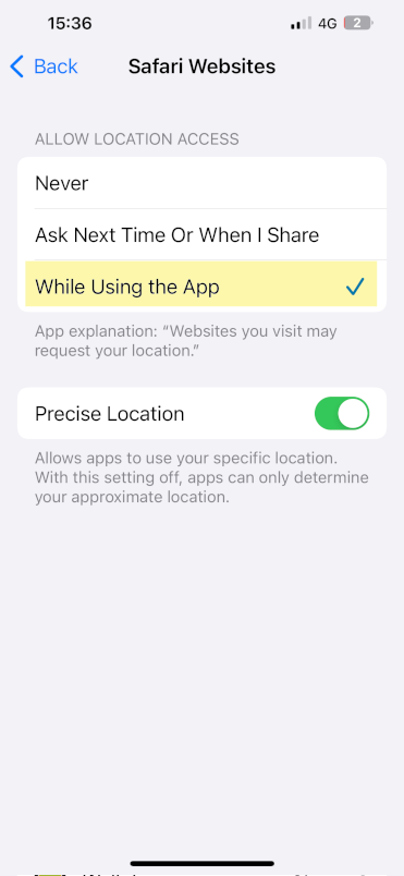 Choisissez Lorsque l'app est active